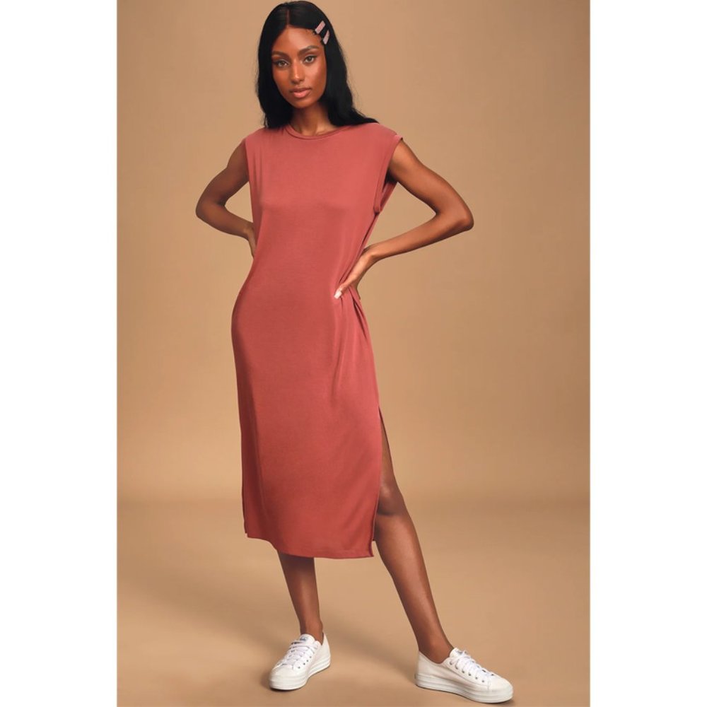 Lulus | Moment's Notice Terra Cotta Midi Shift Dress